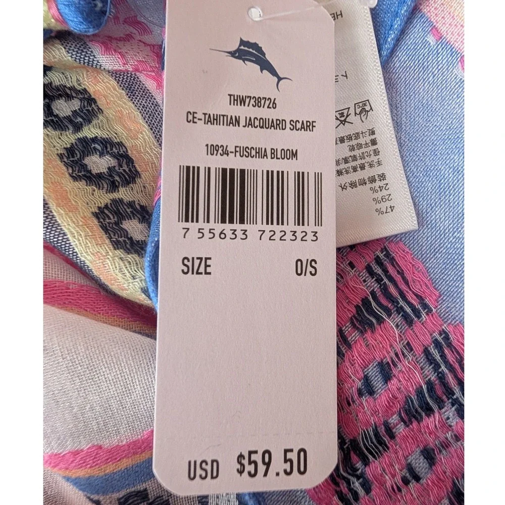 Tommy Bahama Tahitian Jacquard Scarf‎ OS Fuschia Bloom Tassel Sarong Wrap Pareo